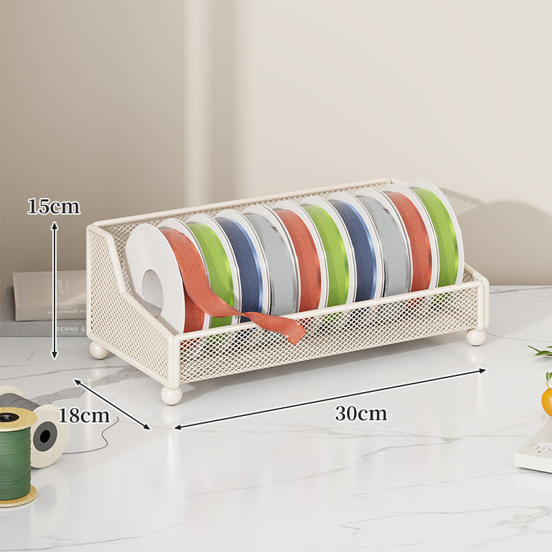 Metal Mesh Ribbon and Tape Spool Organizer with Integrated Scissor Slot