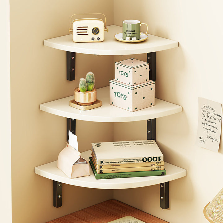 Corner Floating Wall Shelf with Curved Triangular Wooden Top and Heavy-Duty Metal Brackets