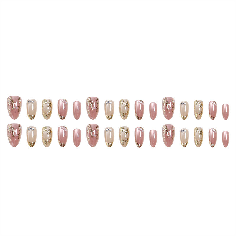 Artificial Nail Set with Elegant Gold Accent and Rhinestone Decorations Kalsten