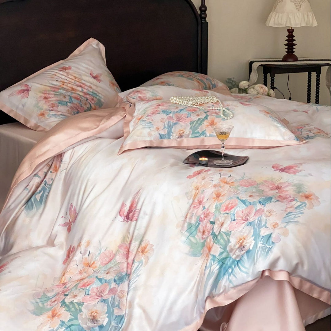 Luxurious satin bedding with floral watercolor print