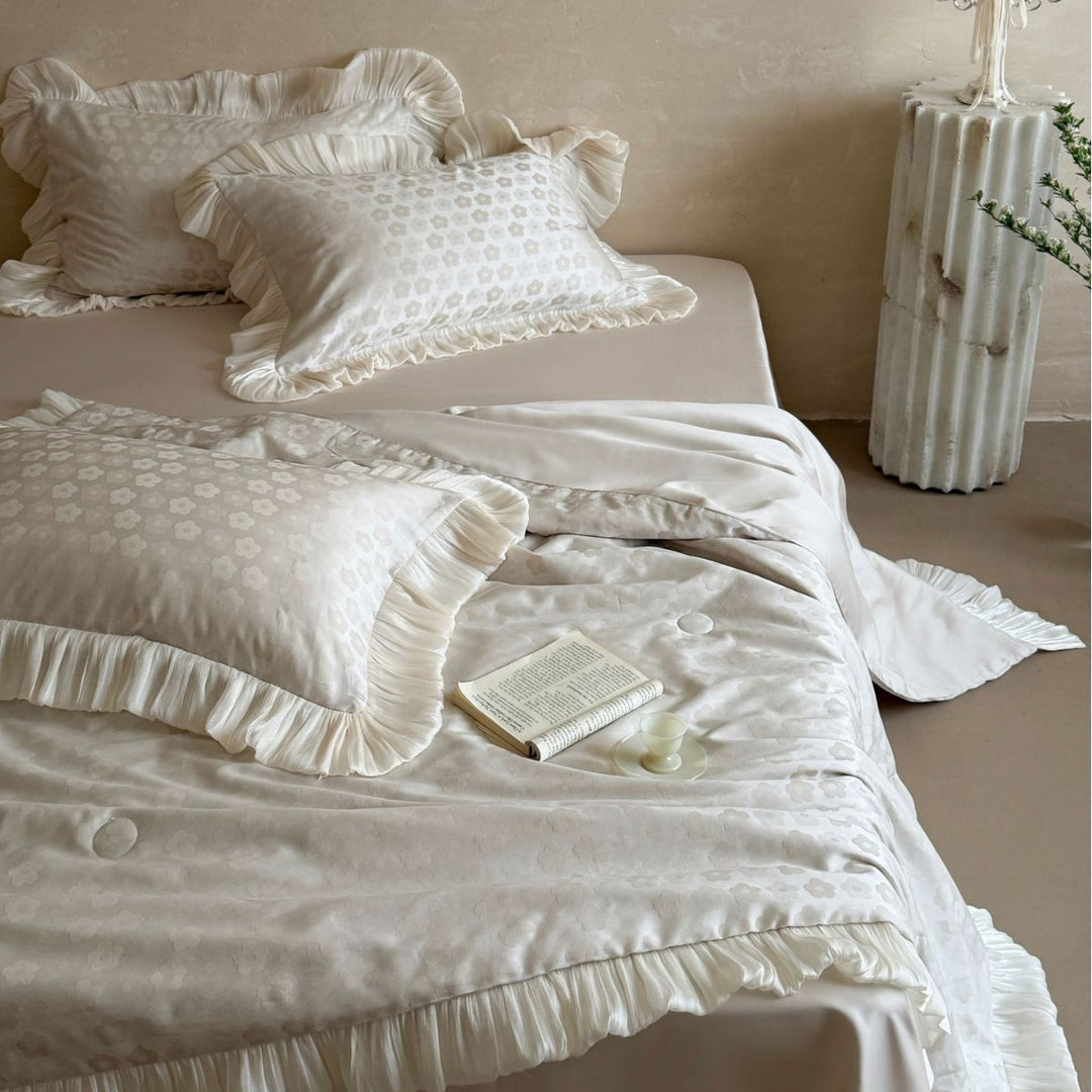 Satin comforter set with pleated ruffles and fine jacquard floral texture