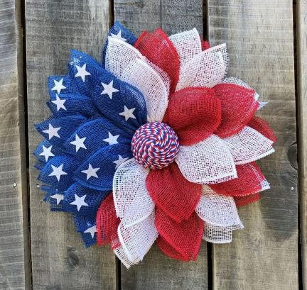 Unisex nan patriotic burlap starburst wreath with layered mesh petals and jute rosette center Kalsten