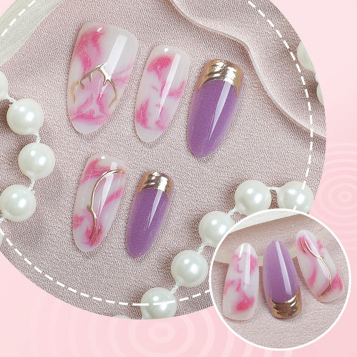 Elegant Marbled Press-On Nail Art Set with Gold Accents Kalsten