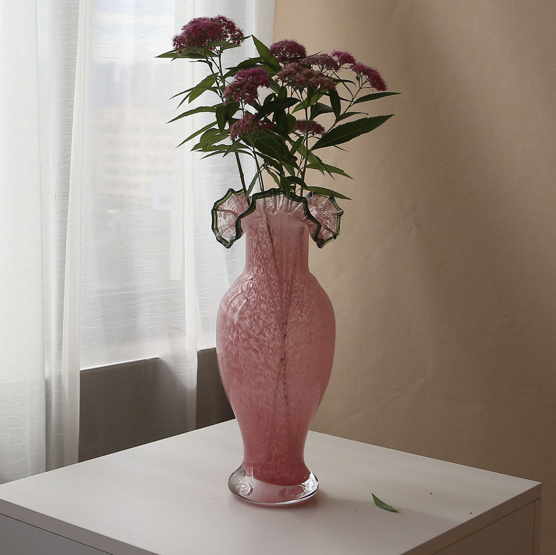 Handblown Ruffled-Edge Tall Pedestal Art Glass Vase Kalsten