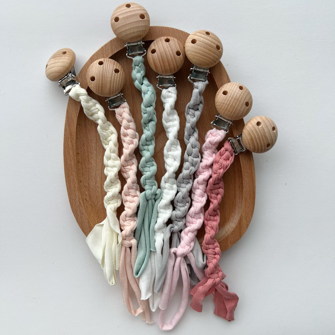 Braided Cotton Pacifier Clip with Wooden Safety Clamp