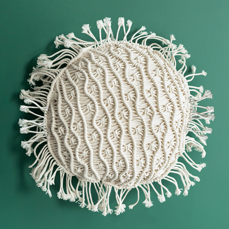 Round Macrame Decorative Pillow with Hand-Knotted Cotton Cover and Fringes