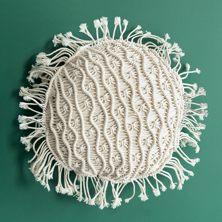 Round Macrame Decorative Pillow with Hand-Knotted Cotton Cover and Fringes