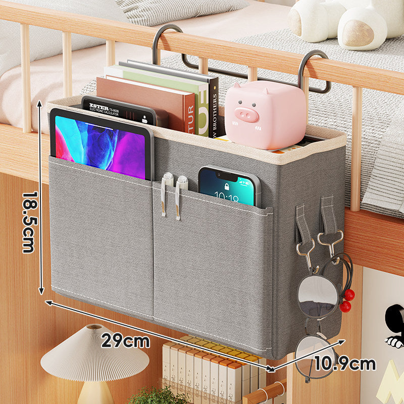 Over-Bed Rail Hanging Storage Organizer Caddy with Tablet Slot Dual Front Pockets and Accessory Hooks