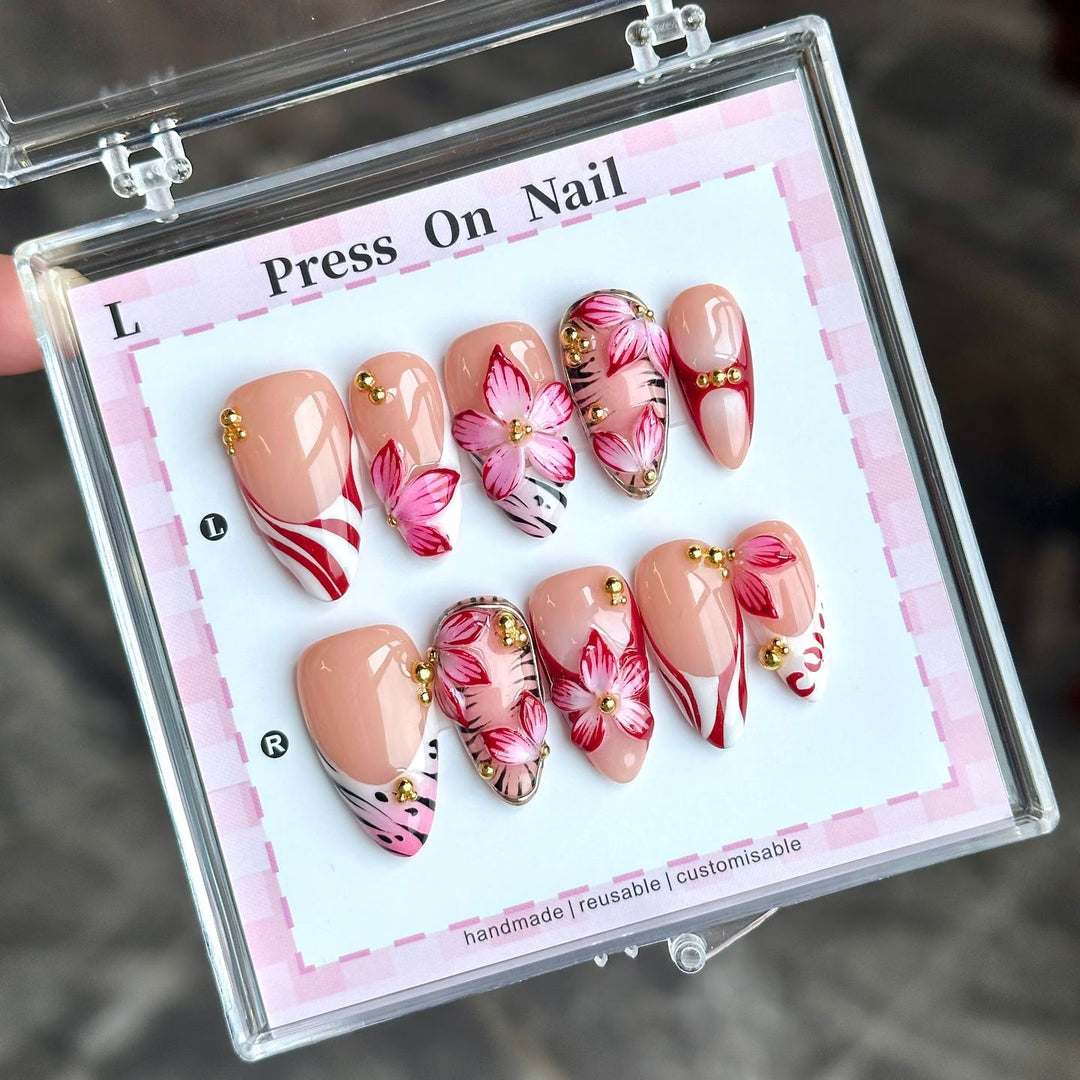Artistic Floral Press-On Nails with Golden Accents