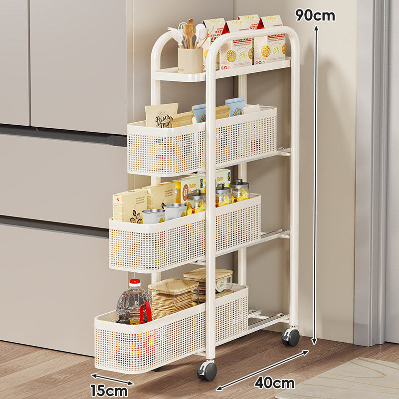 Slim Sliding Pantry Trolley with Perforated Pull-Out Mesh Baskets and Locking Casters