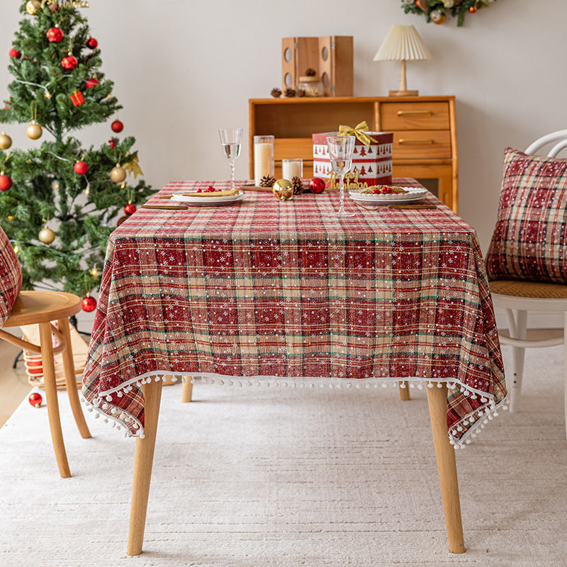 Festive Plaid Pom-Pom Trim Rectangular Tablecloth