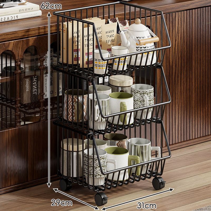 Four-Tier Tall Rolling Wire Pantry and Mug Storage Cart with Deep Slanted Baskets