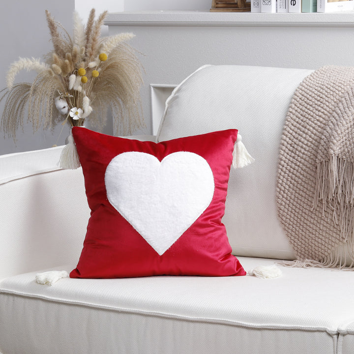 Plush Heart Appliqué Tassel Corner Decorative Throw Pillow Cover