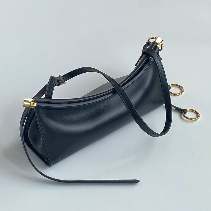 Structured Leather Baguette Shoulder Bag with Gold Hardware