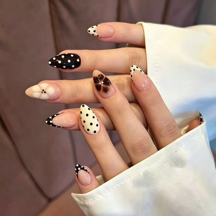 Elegant Pointed Press-On Nail Art with Polka Dot and Ombre Designs Kalsten