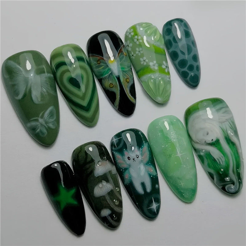 Artistic Green-Themed Acrylic Nail Enhancements Kalsten