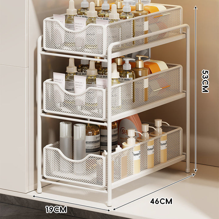 Three-Tier Sliding Mesh Drawer Cabinet Organizer for Kitchen and Bathroom