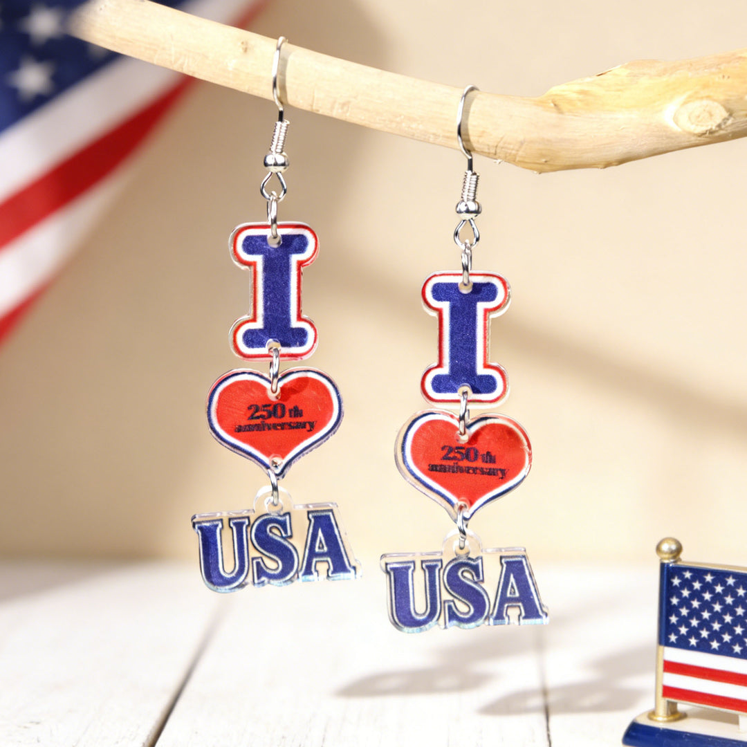Women's acrylic statement earrings long pendant bow motif with patriotic print Kalsten