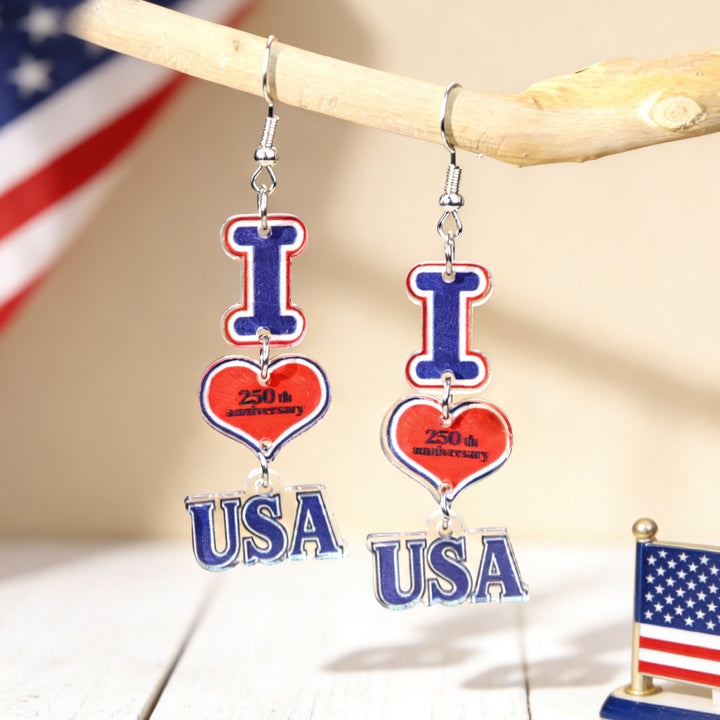 Women's acrylic statement earrings long pendant bow motif with patriotic print Kalsten