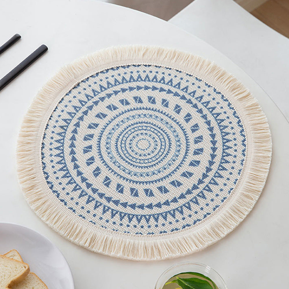 Round woven placemat with fringes and mandala jacquard structure Kalsten