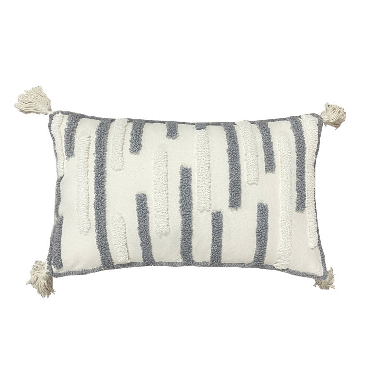 Textured Loop-Embroidered Square Throw Pillow with Corner Tassels and Removable Cover