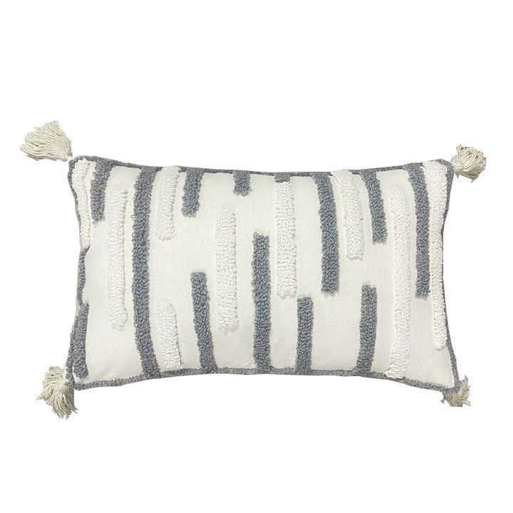 Textured Loop-Embroidered Square Throw Pillow with Corner Tassels and Removable Cover