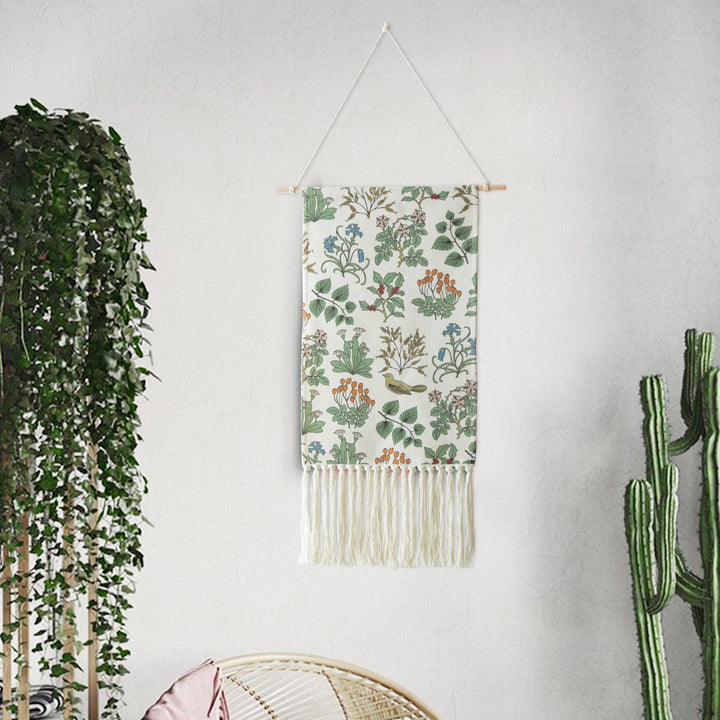 Woven wall hanging with floral jacquard structure and long fringes Kalsten