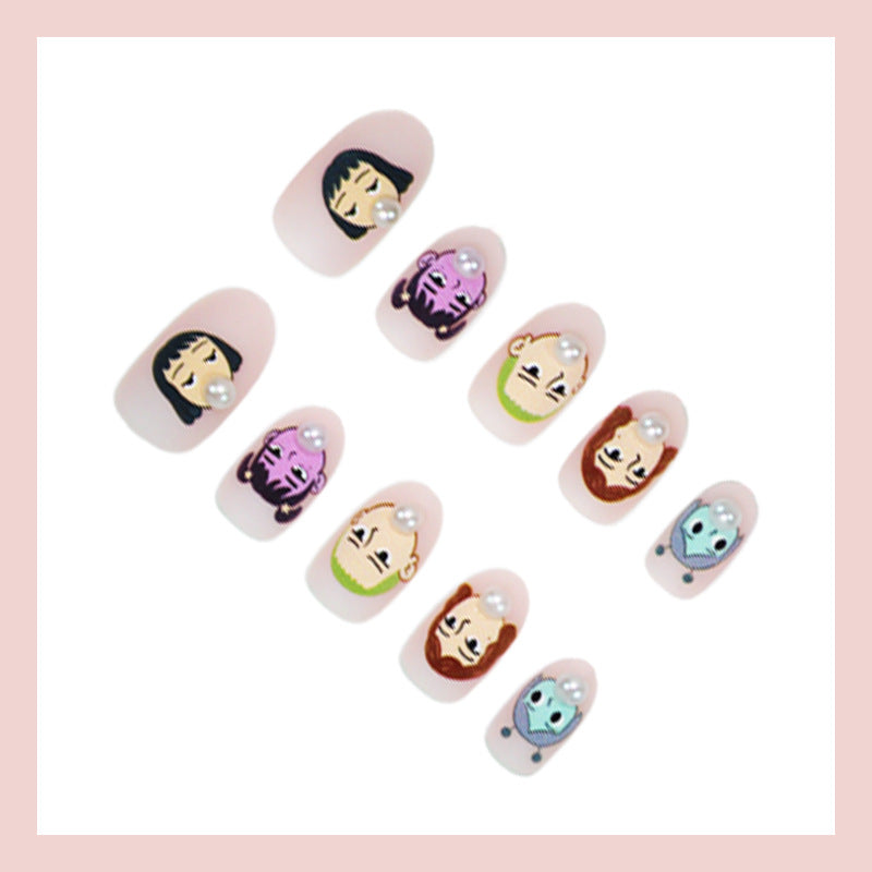 Artifical nail set with creative character designs and elegant pearl accents Kalsten