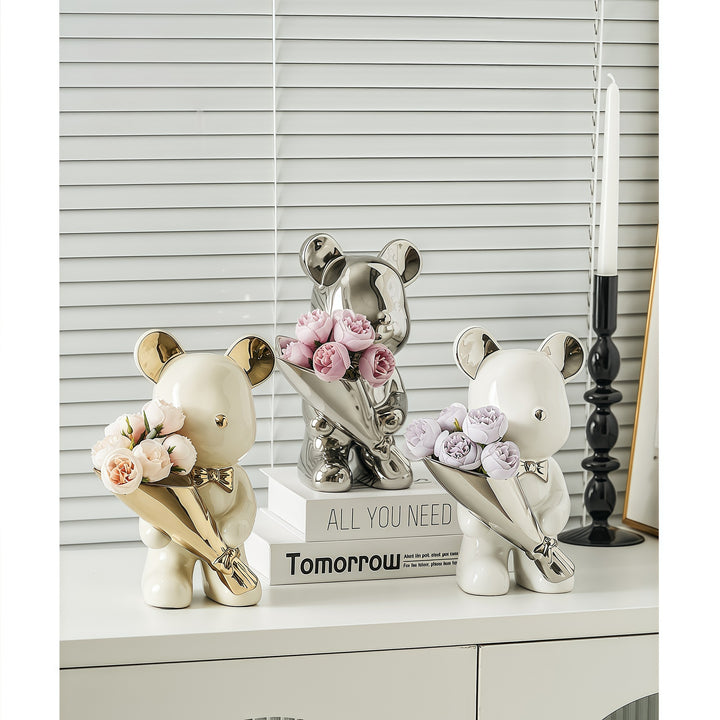 Decorative Bear Figurine with Flower Bouquet for Home