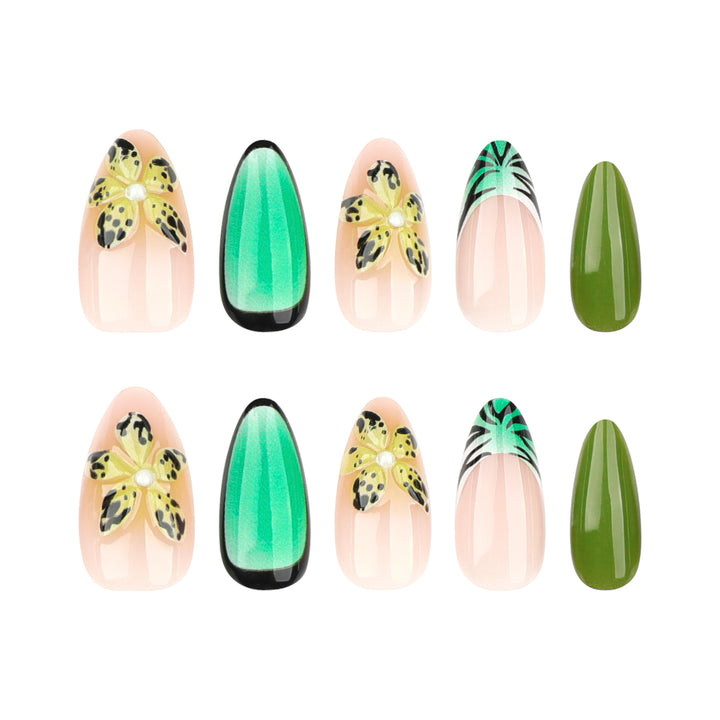 Artful Gel Nails with Floral Design and Glitter Effects Kalsten