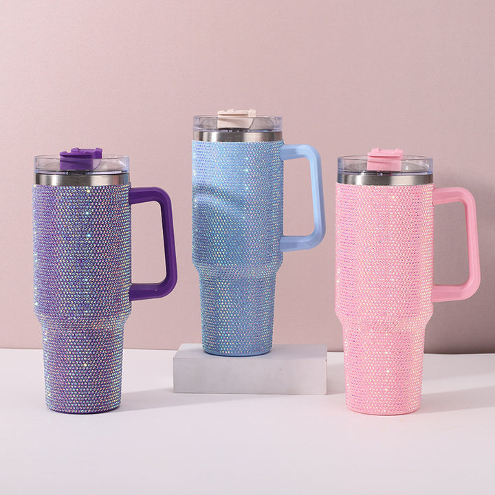 Insulated Stainless Steel Rhinestone Travel Tumbler With Ergonomic Handle And Spill-Resistant Lid