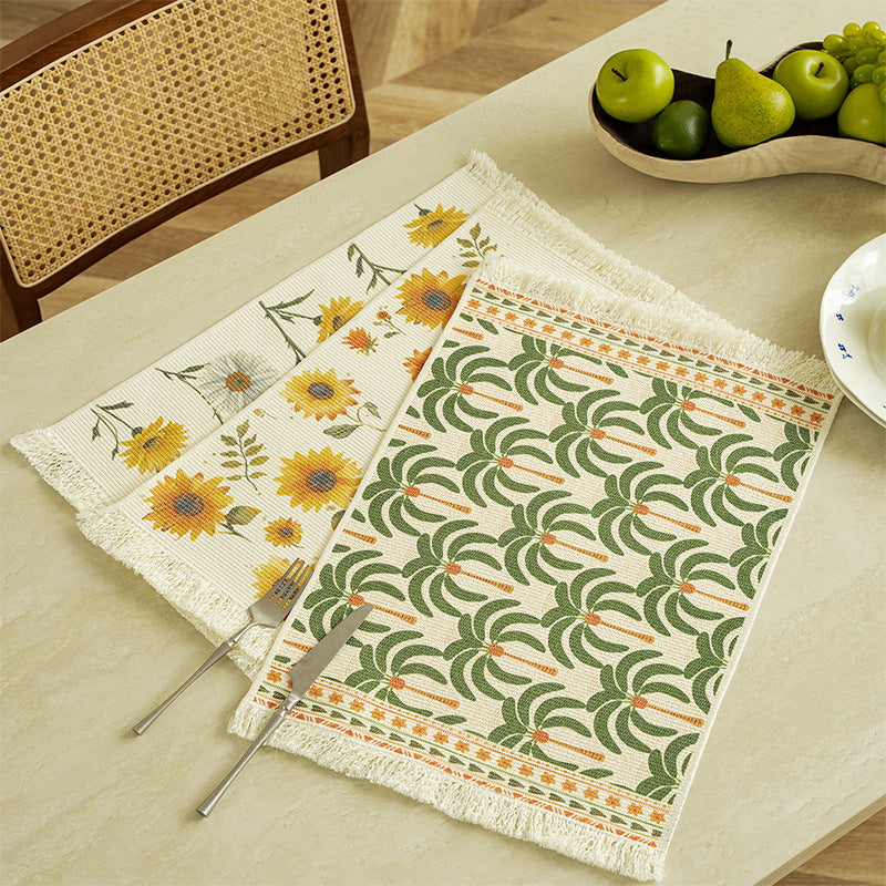 Woven living and beach rug with palm jacquard and decorative fringes Kalsten