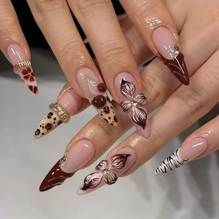 Elegant Stiletto Press-On Nail Art Set with Floral and Animal Prints Kalsten