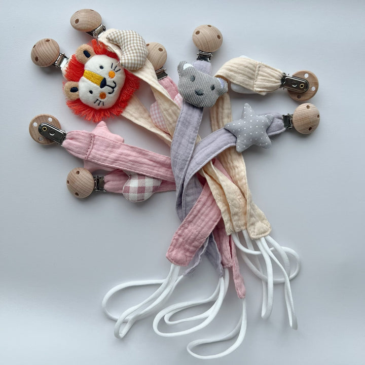Wooden Clip Fox Plush Pacifier Holder with Knotted Muslin Strap