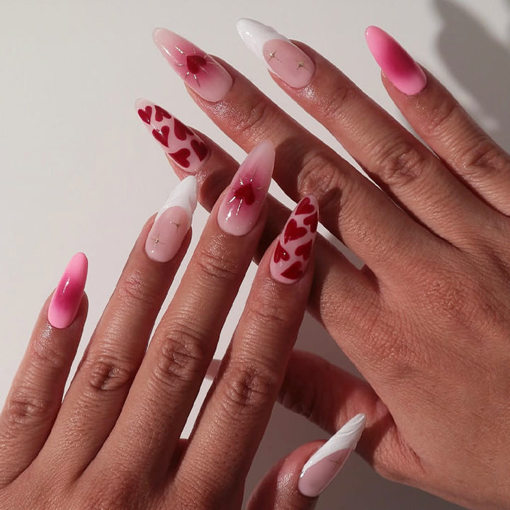 Artificial nail set with luxurious ombre design and creative heart motifs Kalsten