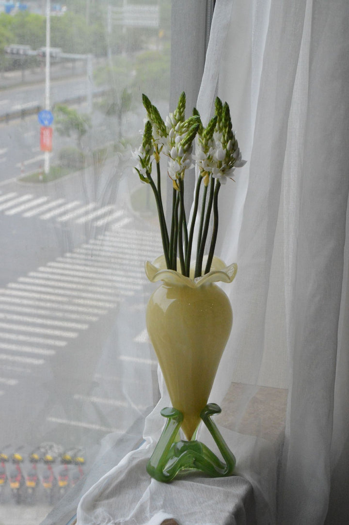 Handblown Fluted Pedestal Art Glass Trumpet Vase Kalsten