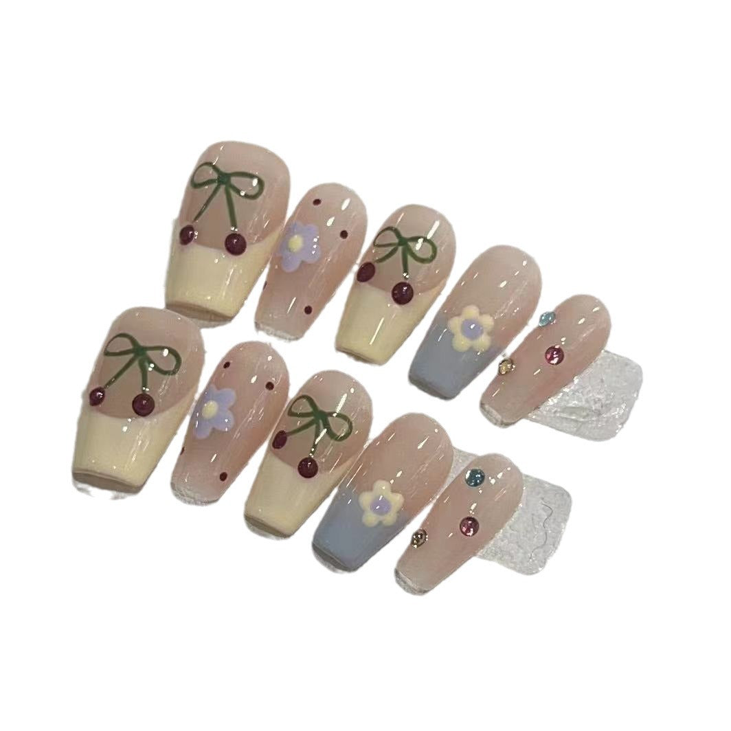 Charming Decorative Press-On Nail Set with Cherry and Floral Designs Kalsten