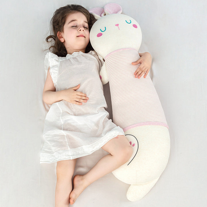 Oversized plush body pillow in bunny shape with ergonomic cuddle head