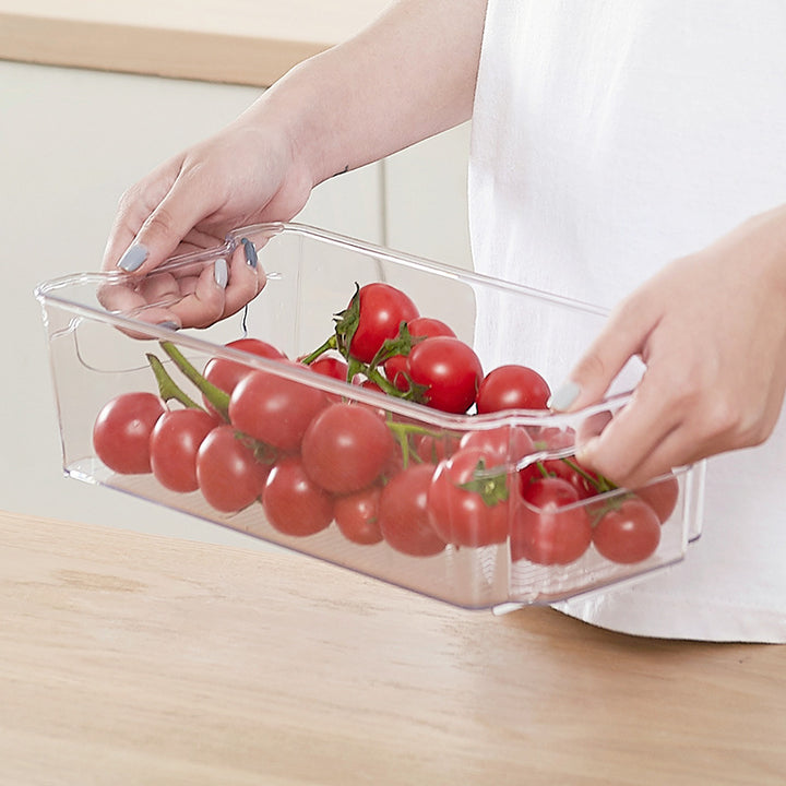 Transparent, flat storage box with handles and non-slip ribbed bottom