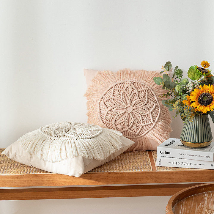 Macrame-Decorative pillow with tassels and hand-knotted Boho structure