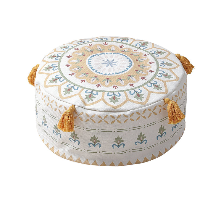 Beef padded seat pouf with ethnic jacquard pattern and sturdy canvas cover