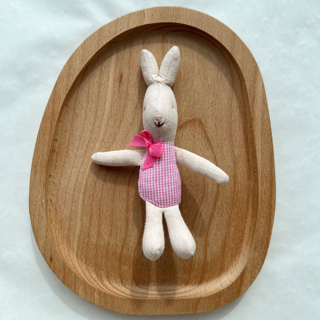Miniature Linen Rabbit Comforter Plush with Gingham Pocket Dress and Ribbon Bow