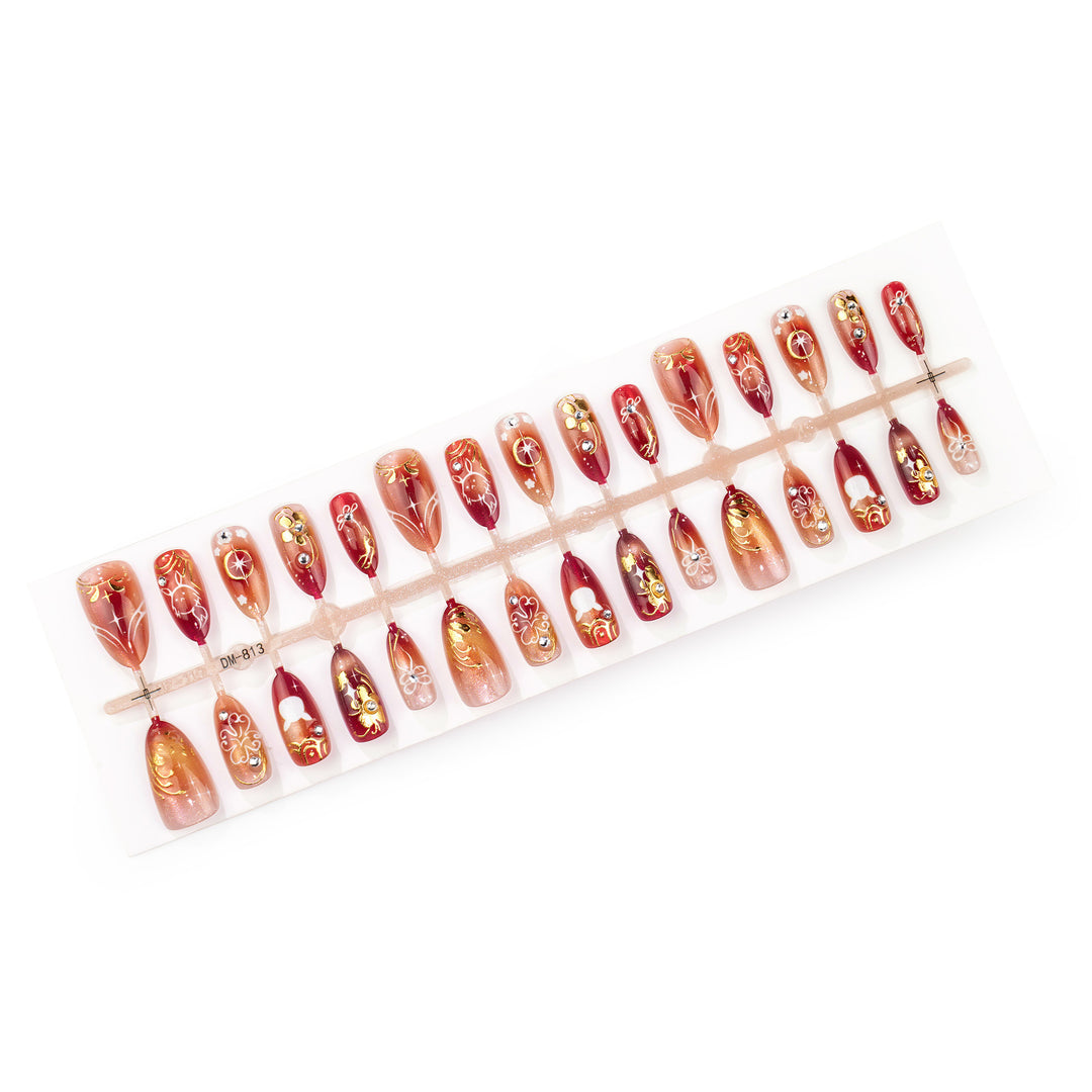 Artistic Press-On Nail Art Set with Floral and Metallic Emblems Kalsten