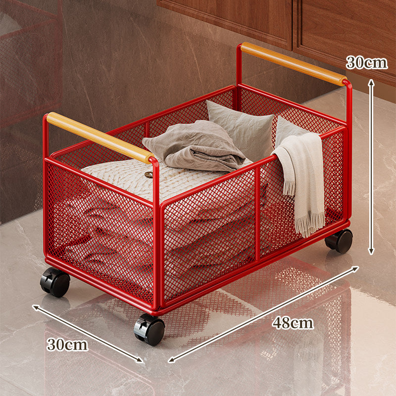 Compact Mesh Rolling Storage Cart with Wooden Handles