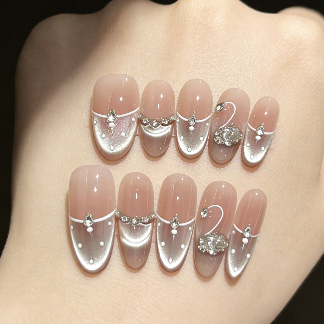 Decorative Press-On Nails with Elegant Swan and Gemstone Accents Kalsten