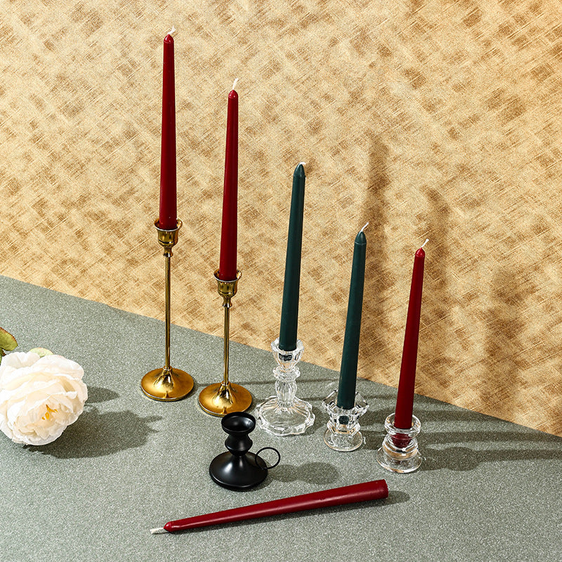 Unscented Slim Taper Candle Pair with Clear Crystal Glass Candlestick Holders