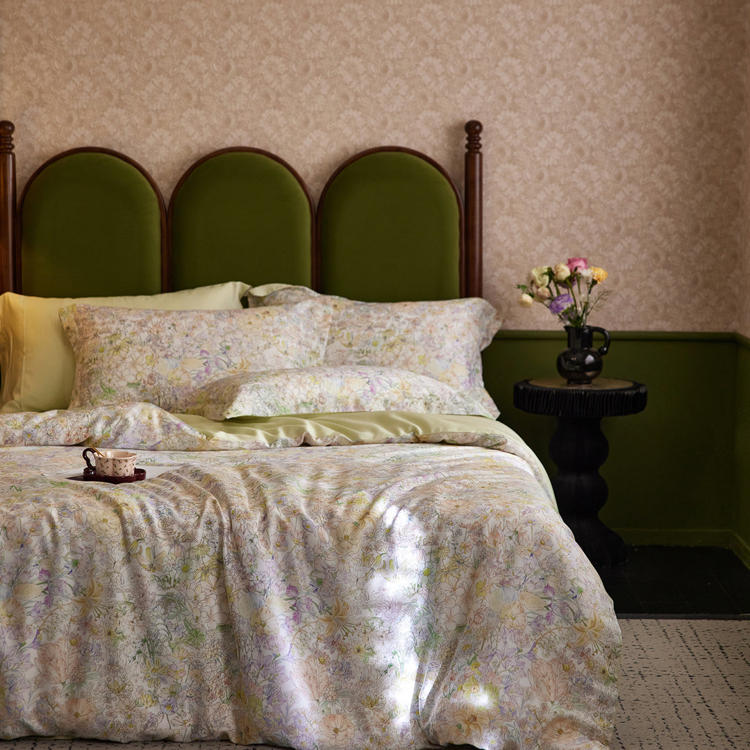 Premium cotton satin bedding set with watercolor wildflower print and extra soft satin finish