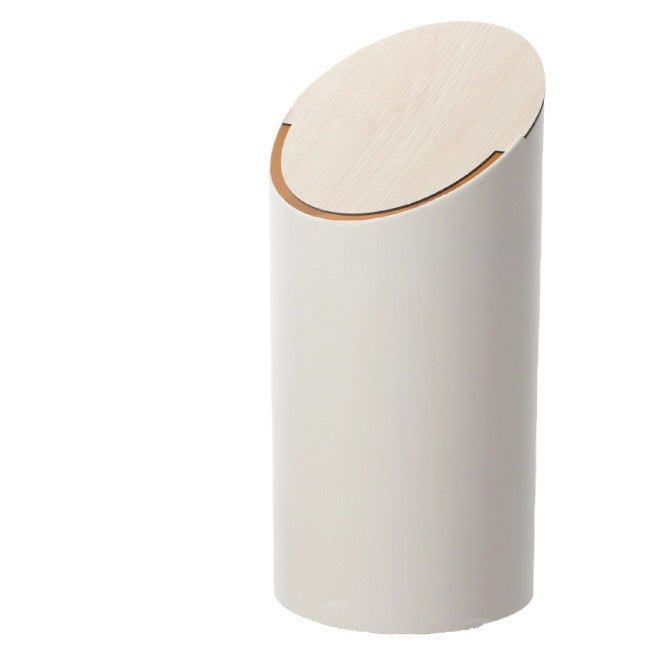 Modern oval waste bin with rotating wooden lid and noise-dampening opening