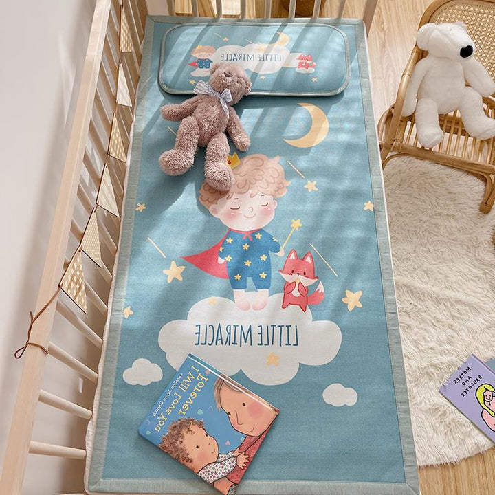 Padded baby crib mattress with good night print, non-slip bottom and wipeable cover