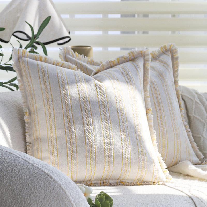 Square decorative cushion cover in linen-cotton blend with fine stripes and decorative fringed edge Kalsten